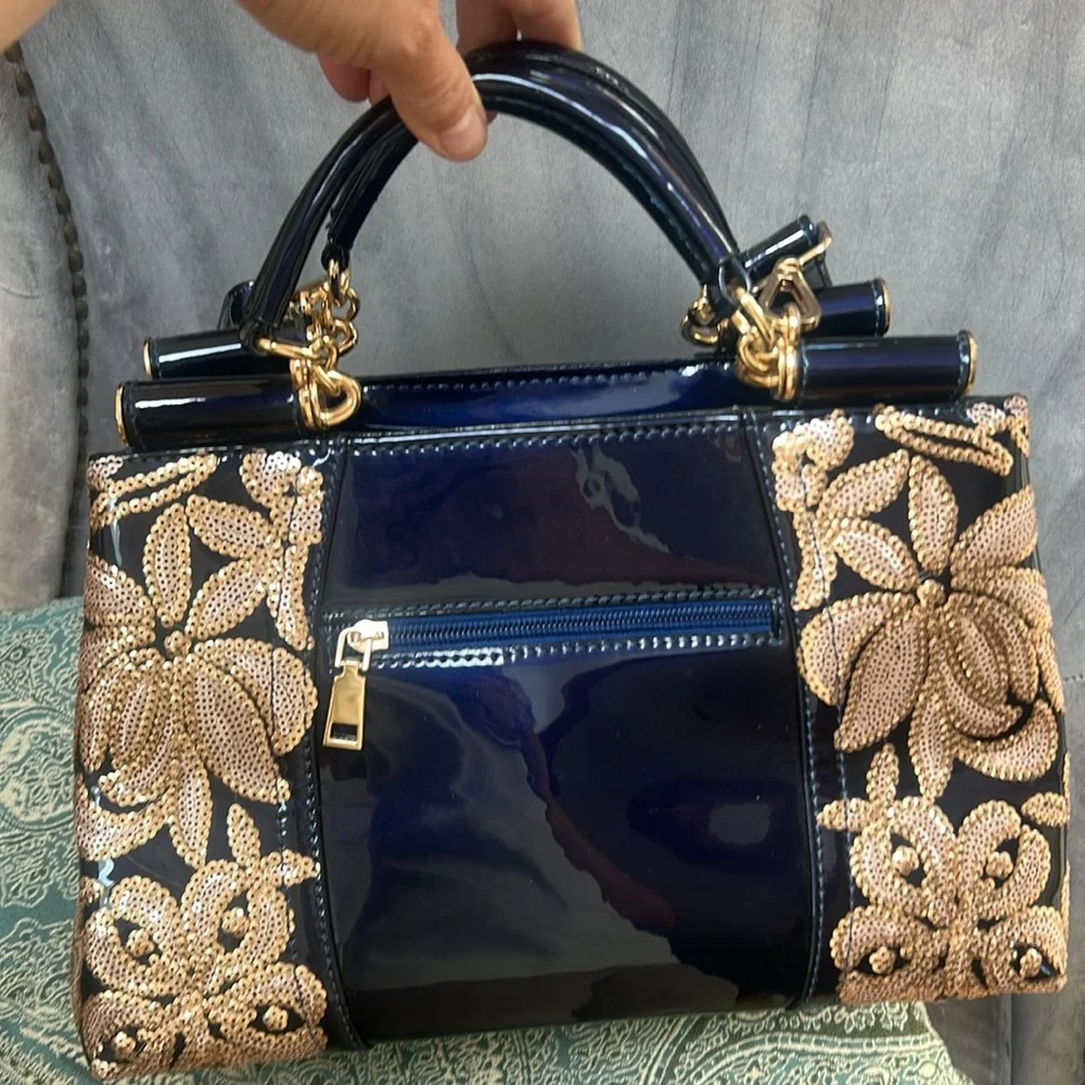 Like new—Patent Navy and Gold Sequin  Handbag w/removable, adjustable strap